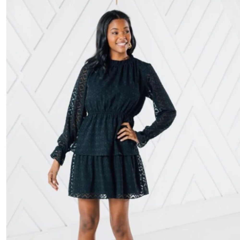 GEO JACQUARD RUFFLE NECK DRESS - sail to sable